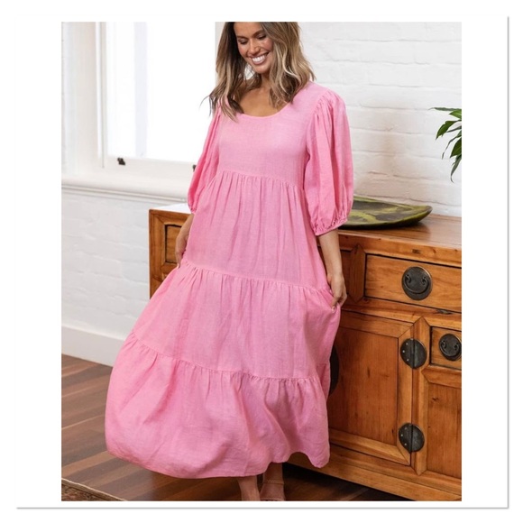 Adrift Luxe Linen Tiered “Sabre” Dress - Watermelon - Picture 6 of 6